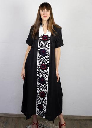 Black lilen dress with flowers(hand embroidery)1 photo