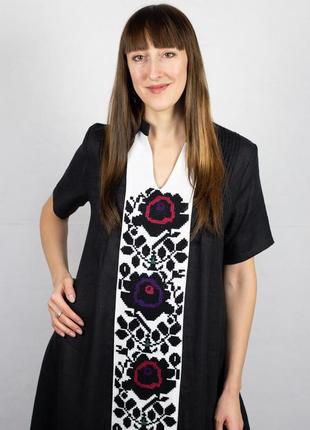 Black lilen dress with flowers(hand embroidery)2 photo