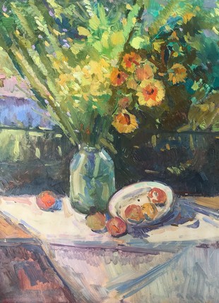 Oil painting Flowers and fruits on the table Peter Tovpev AAA2192