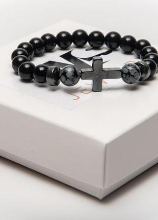 Agate, obsidian, hematite bracelet for men or women, power of agate gray cross2 photo