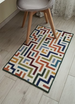 Embroidered wool rug for kid, Colorful tetris pattern, bedside rug 22"x37"