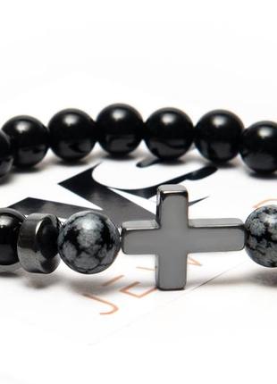Agate, obsidian, hematite bracelet for men or women, power of agate gray cross3 photo