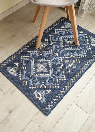 Embroidered wool rug blue, Ukrainian ornament, Bedside small rug 24"x38"