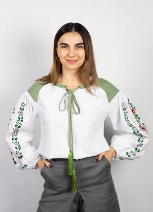 Wome's linen embroidered shirt with flowered slevees2 photo