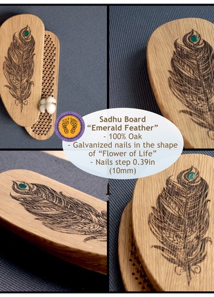 Sadhu Board from 100% Oak Wood for Yoga Meditation, step 10mm, Emerald Feather2 photo