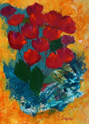 Original oil painting with red flowers. Abstract poppies in the painting.