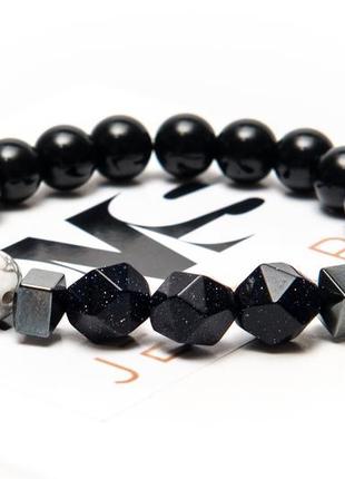 Agate, cacholong, aventurine, hematite bracelet, poligon triple dark and white3 photo