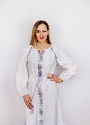 White linen dress with ruffle & silver embroidery5 photo