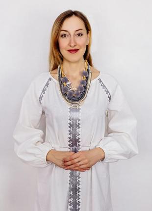 White linen dress with ruffle & silver embroidery7 photo