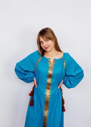 Blue linen dress with gold embroidery barvinok