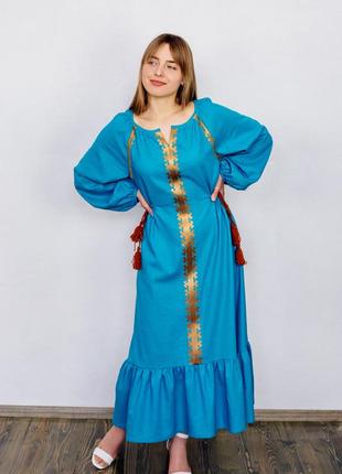Blue linen dress with gold embroidery "Barvinok"2 photo