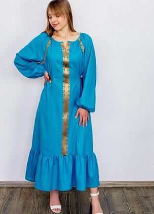 Blue linen dress with gold embroidery barvinok4 photo