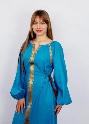 Blue linen dress with gold embroidery "Barvinok"3 photo