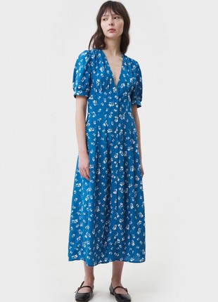 Blue viscose midi dress with buttons in floral print