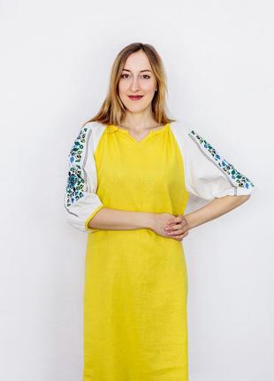 Yellow linen dress with embroidered sleeves "Yavorivska"1 photo