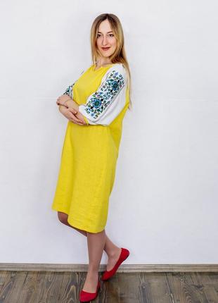 Yellow linen embroidered dress Yavorivska2 photo