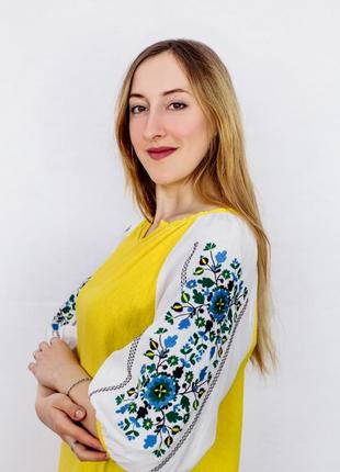 Yellow linen embroidered dress Yavorivska3 photo