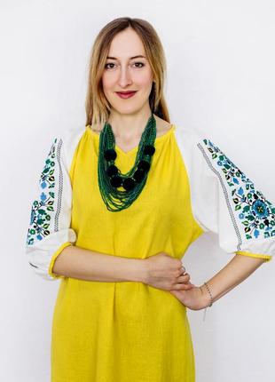 Yellow linen dress with embroidered sleeves "Yavorivska"4 photo