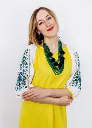 Yellow linen dress with embroidered sleeves "Yavorivska"5 photo