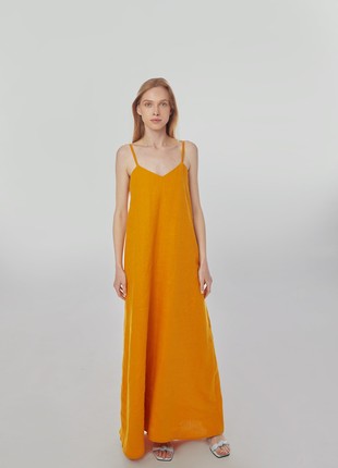 Linen sundress with long straps and raw back seam. Saffron color. Kvit Collection4 photo