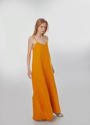 Linen sundress with long straps and raw back seam. Saffron color. Kvit Collection3 photo