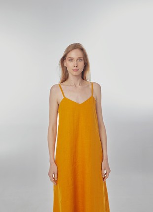 Linen sundress with long straps and raw back seam. Saffron color. Kvit Collection5 photo