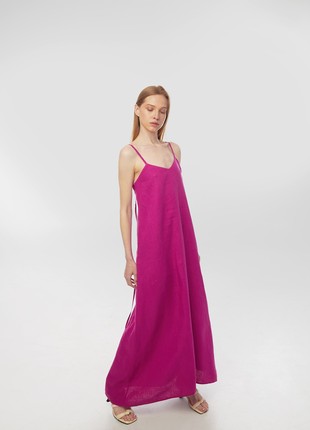 Linen sundress with long straps and raw back seam. Fuchsia color. Kvit Collection