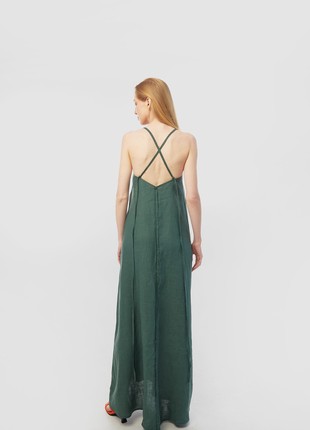 Linen sundress with long straps and raw back seam. Fern color. Kvit Collection1 photo