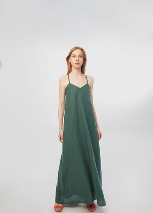 Linen sundress with long straps and raw back seam. Fern color. Kvit Collection3 photo