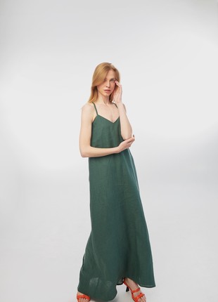 Linen sundress with long straps and raw back seam. Fern color. Kvit Collection2 photo