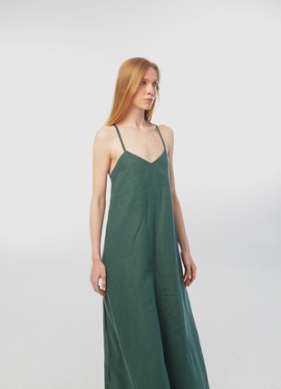 Linen sundress with long straps and raw back seam. Fern color. Kvit Collection4 photo
