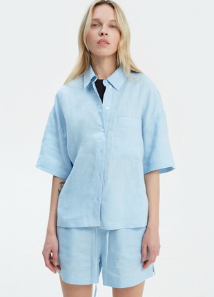 Blue linen shirt with elbow length sleeves1 photo