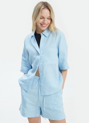 Blue linen shirt with elbow length sleeves3 photo