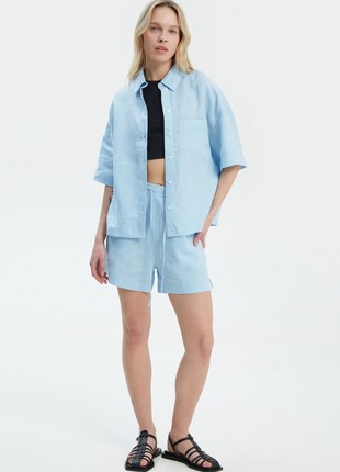 Blue linen shirt with elbow length sleeves2 photo