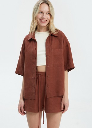 Chocolate linen shirt with elbow length sleeves