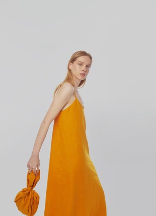 Linen sundress with long straps and raw back seam. Saffron color. Kvit Collection
