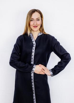 Black linen shirt dress with silver embroidery Office2 photo