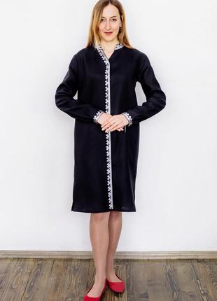 Black linen shirt dress with silver embroidery Office3 photo