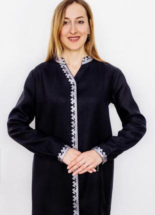 Black linen shirt dress with silver embroidery Office4 photo