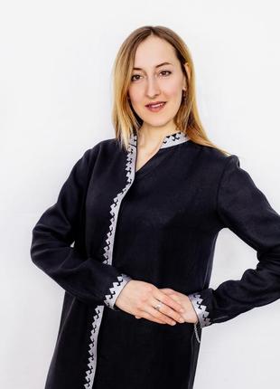 Black linen shirt dress with silver embroidery Office5 photo