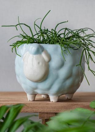 Blue ceramic handmade pot sheep for medium plants, succulent, cactus1 photo