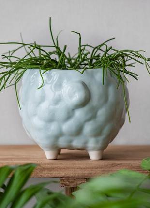 Blue ceramic handmade pot sheep for medium plants, succulent, cactus4 photo