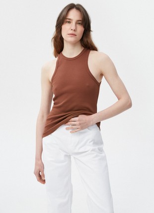 Chocolate cotton ribbed tank top with an oval neckline