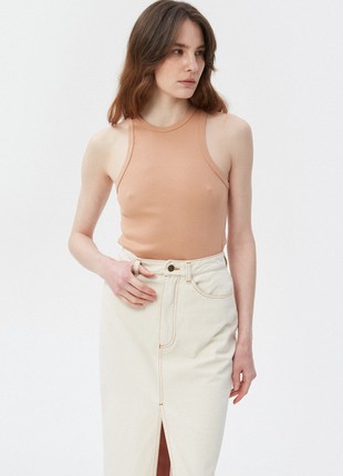 Beige cotton ribbed tank top with an oval neckline