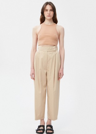 Beige cropped straight-cut cotton pants