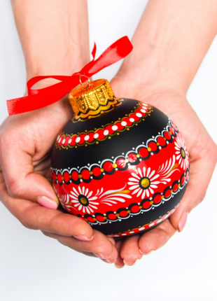 Ukrainian Christmas Black & Red Ornament with Flowers, Petrykivka Hand Painted Bauble2 photo