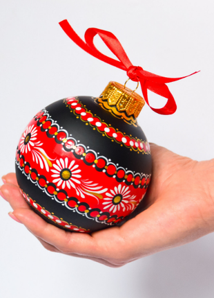 Ukrainian Christmas Black & Red Ornament with Flowers, Petrykivka Hand Painted Bauble7 photo