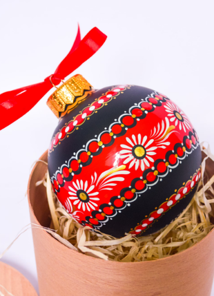 Ukrainian Christmas Black & Red Ornament with Flowers, Petrykivka Hand Painted Bauble8 photo