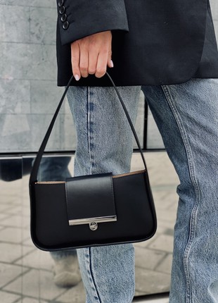 Black leather baguette bag for woman, Black leather crossbody bag, Black leather purse, Black stylish leather handbag, Lamponi Baguette S black6 photo