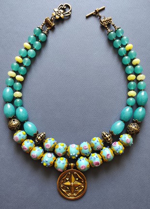 Necklace "Nymphaea" from chalcedony, jadeite and glass beads1 photo